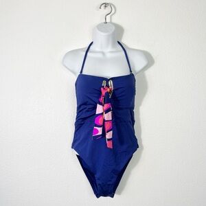 NEW Trina Turk Zebra Solid Lace Up Ribbon Navy Bandeau One Piece Swimsuit Medium